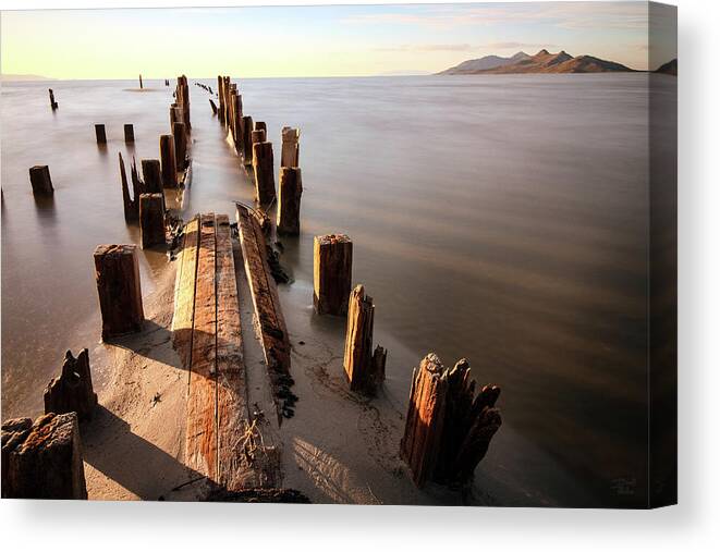 Utah; Abstract; Landscape; Great Salt Lake; Sunset; Salt; Orange; Pink; Red; Lake; Water; Reflection; Waves Canvas Print featuring the photograph Old Floating Pier Sunset by Brett Pelletier