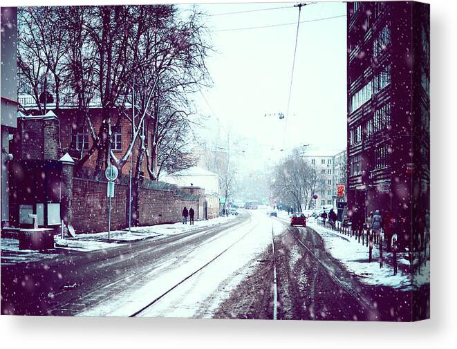 Jenny Rainbow Fine Art Photography Canvas Print featuring the photograph Old Moscow Street. Snowy Days in Moscow by Jenny Rainbow
