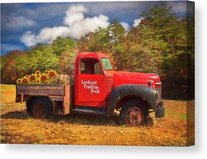 1937 Canvas Print featuring the photograph Old Red Truck on the Farm Oil Painting by Debra and Dave Vanderlaan