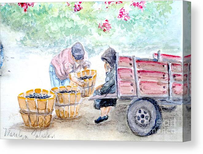 Harvest Canvas Print featuring the painting Olive Pickers by Marilyn Zalatan