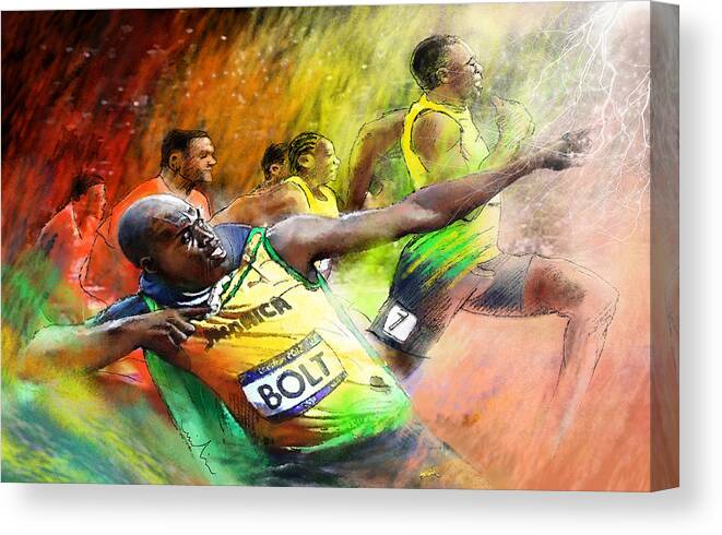 Sports Canvas Print featuring the painting Olympics 100 m Gold Medal Usain Bolt by Miki De Goodaboom