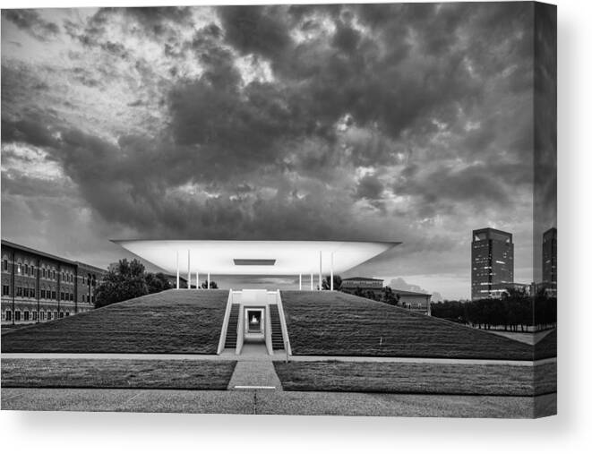 Downtown Canvas Print featuring the photograph Ominous Clouds Over the James Turrell Skyscape Twilight Epiphany - Rice University Houston Texas by Silvio Ligutti