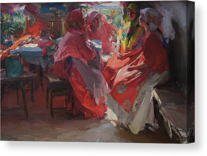 Abram Arkhipov Canvas Print featuring the painting On a Visit by Abram Arkhipov