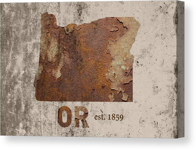 Oregon Canvas Print featuring the mixed media Oregon State Map Industrial Rusted Metal on Cement Wall with Founding Date Series 043 by Design Turnpike