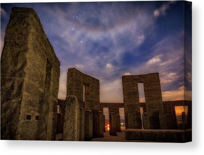 Night Canvas Print featuring the photograph Orion over Stonehenge Memorial by Cat Connor