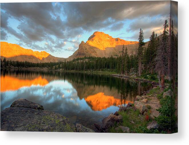 Landscape Canvas Print featuring the photograph Ostler Lake and Peak by Brett Pelletier