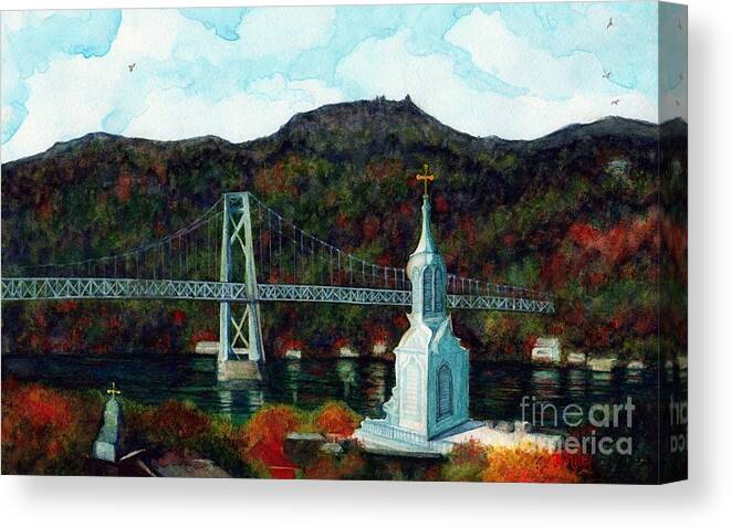 Bridge Canvas Print featuring the painting Our Lady of Mt Carmel Church Steeple - Poughkeepsie NY by Janine Riley