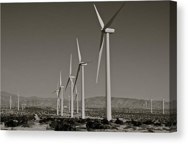 Windmills Canvas Print featuring the photograph Palm Springs Windmills I in B and W by Kirsten Giving