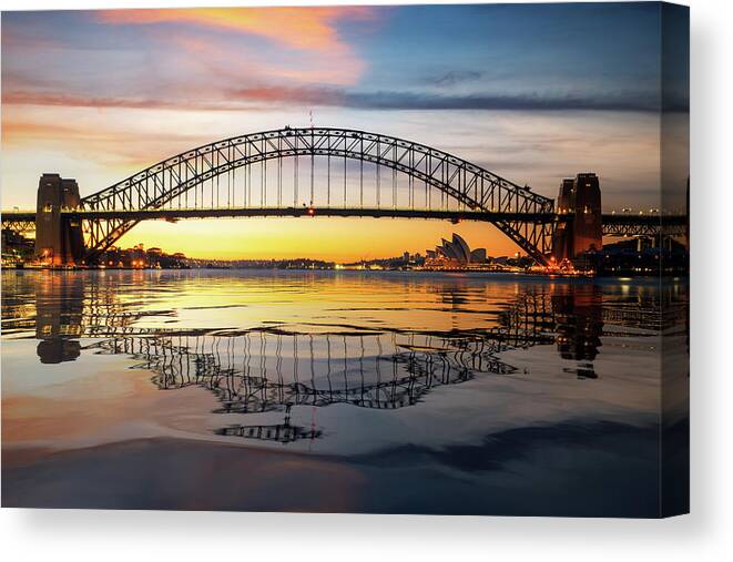 Sydney Canvas Print featuring the photograph Panorama of Sydney harbour and bridge by Anek Suwannaphoom