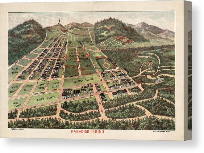 Paradise Found Canvas Print featuring the drawing Paradise Found - Historical Birds Eye View Map of Baird Estate - Historical Map by Studio Grafiikka