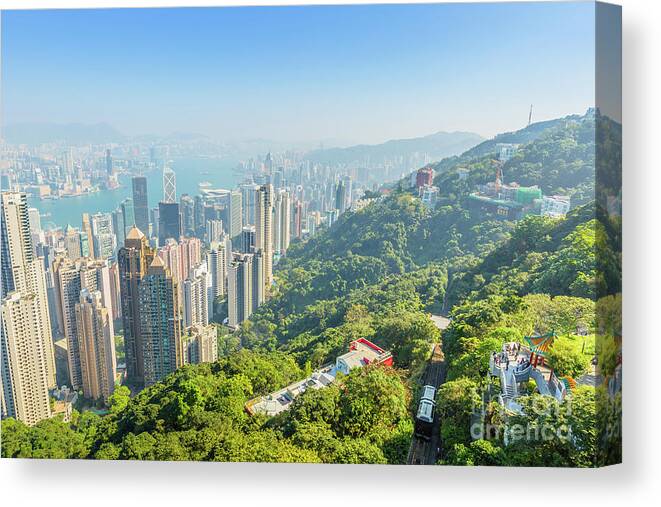 Hong Kong Canvas Print featuring the photograph Peak Tram aerial view by Benny Marty