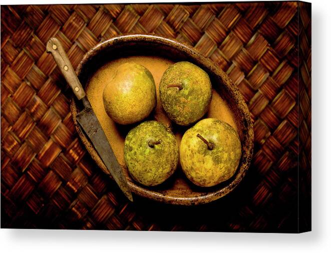 Bowl Canvas Print featuring the photograph Pears and dish by John Pagliuca