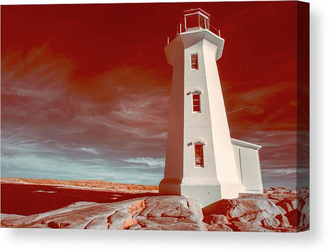 Attraction Canvas Print featuring the photograph Peggy Cove Lighthouse, Nova Scotia, Canada in infrared by Karen Foley