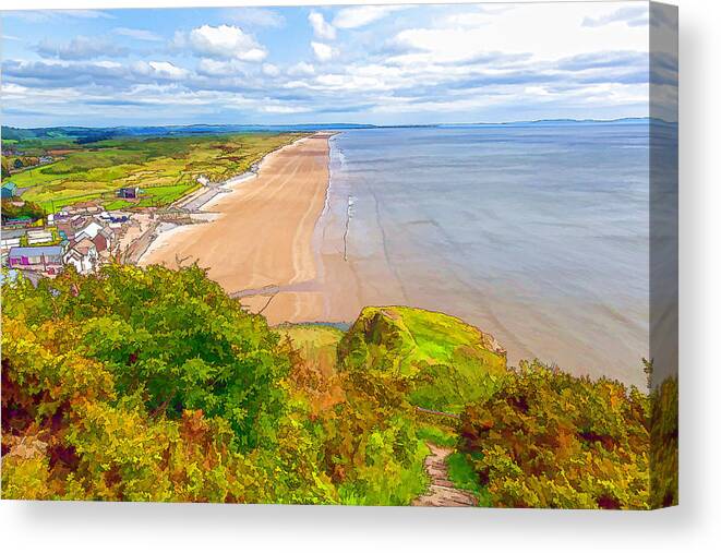 Laugharne Canvas Print featuring the photograph Pendine Sands Carmarthen Bay South Wales between Laugharne and Saundersfoot illustration by Charlesy 