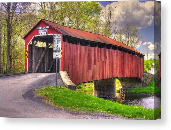 Enslow Covered Bridge Canvas Print featuring the photograph Pennsylvania Country Roads - Enslow Covered Bridge Over Sherman Creek No. 2A-Alt - Perry County by Michael Mazaika