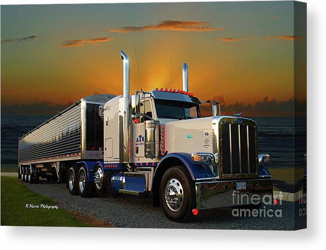 Big Rigs Canvas Print featuring the photograph Peterbilt Truck and Trailer at Sunset by Randy Harris