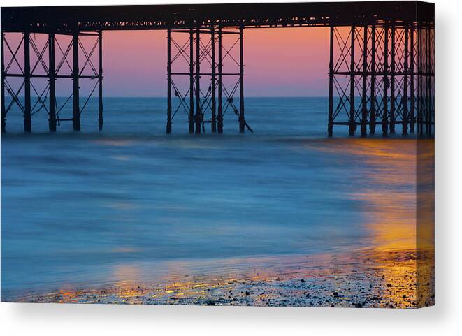 Pier Canvas Print featuring the photograph Pier Supports at Sunset i by Helen Jackson