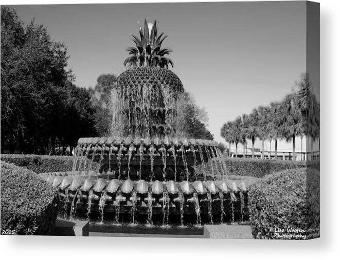 Pine Apple Fountain Charleston Sc Canvas Print featuring the photograph Pineapple Fountain Charleston SC Black and White by Lisa Wooten