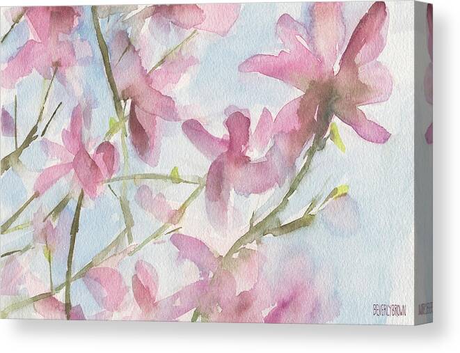 Floral Canvas Print featuring the painting Pink Magnolias Blue Sky by Beverly Brown