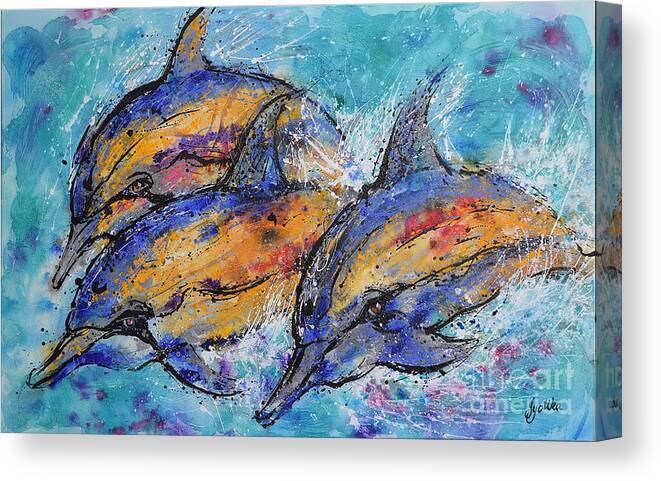 Dolphins Canvas Print featuring the painting Playful Dolphins by Jyotika Shroff