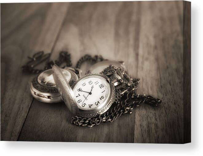 Brass Canvas Print featuring the photograph Pocket Watches Times Three by Tom Mc Nemar
