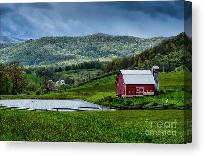 Pasture Field Canvas Print featuring the photograph Pond and Barn by Thomas R Fletcher