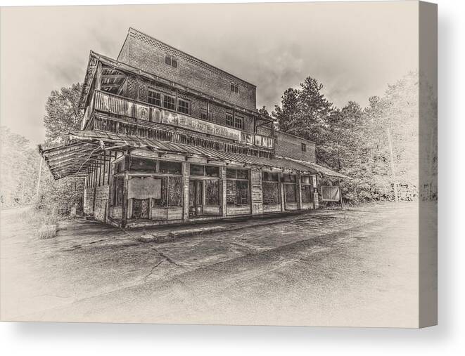 Old Buildings Canvas Print featuring the photograph Poole's Crossroad in Sepia by Harry B Brown