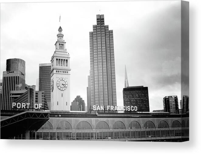 San Francisco Canvas Print featuring the mixed media Port Of San Francisco Black and White- Art by Linda Woods by Linda Woods