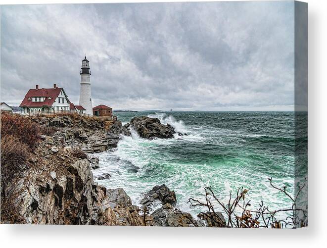 Cape Elizabeth Lighthouse Canvas Print featuring the photograph Portland Head Light Nor'easter by Patrick Fennell