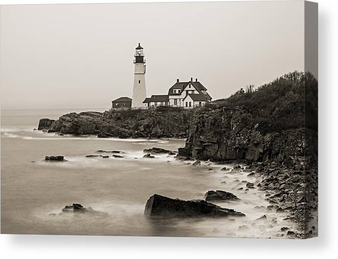 Vacationland Canvas Print featuring the photograph Portland Head Lighthouse foggy morning Sepia by David Smith