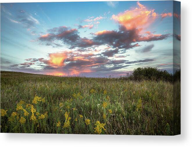 Oklahoma Canvas Print featuring the photograph Prairie Fire - Beautiful Sky Over Tallgrass Prairie in Oklahoma by Southern Plains Photography