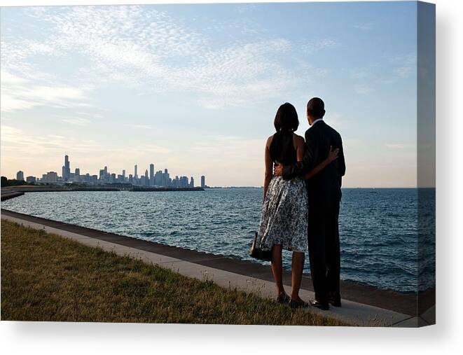 President Canvas Print featuring the painting President Barack Obama and First Lady Michelle Obama look out at the Chicago, Ill., skyline by Celestial Images