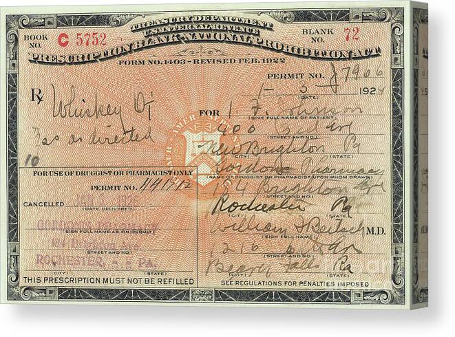 Prohibition Canvas Print featuring the photograph Prohibition Prescription for Whiskey by Jon Neidert