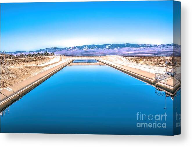 Purple Mountains Majesty; Snowcapped Mountains; California Aqueduct; River; Stream; Creek; Flowing Water; Running Water; Mojave Desert; Mohave Desert; Antelope Valley; Fairmont; Joe Lach; Reflection Canvas Print featuring the photograph Purple Mountains Majesty by Joe Lach