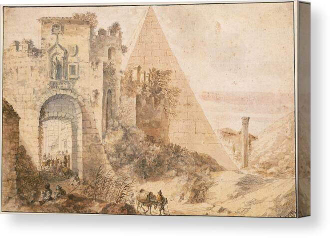 Pieter Moninckx Canvas Print featuring the drawing Pyramid of Cestius and the Porta San Paolo, Rome by Pieter Moninckx