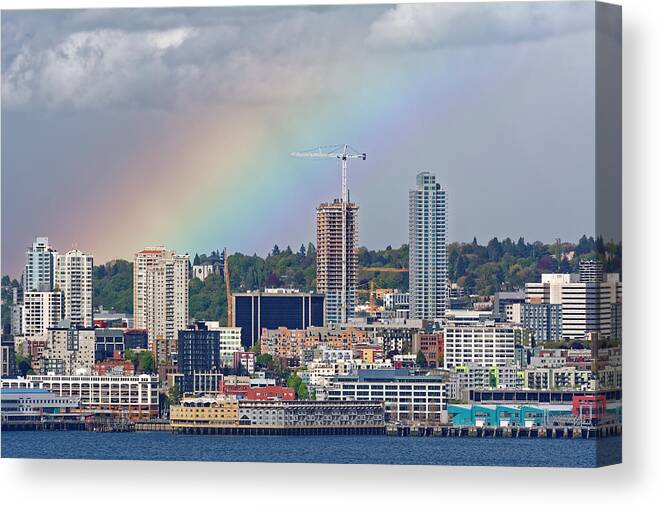 Rainbow Canvas Print featuring the photograph Rainbow over Seattle by Peter Ponzio