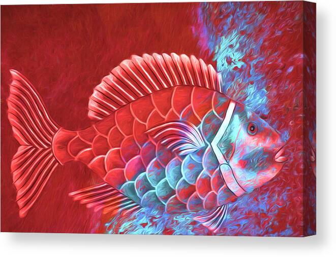 Red Canvas Print featuring the photograph Red Fish Into the Blue by Carol Leigh