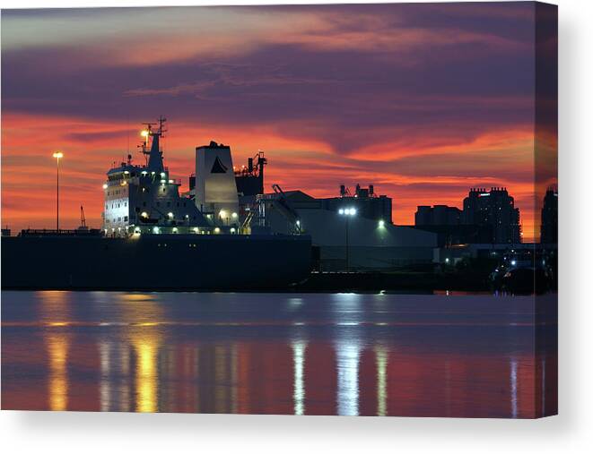 Tampa Canvas Print featuring the photograph Red Sky at Night over Port of Tampa by Daniel Woodrum