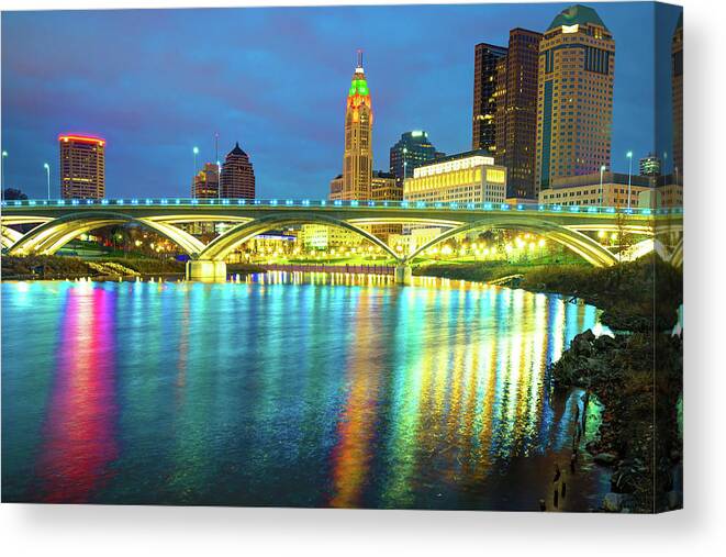 America Canvas Print featuring the photograph Reflected Colors of a Columbus Skyline at Dusk by Gregory Ballos