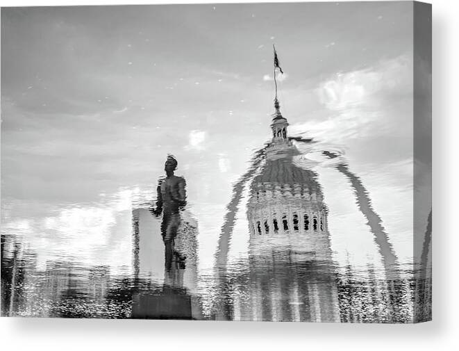 St Louis Canvas Print featuring the photograph Reflecting the Lou - Black and White - St Louis Waterscape by Gregory Ballos