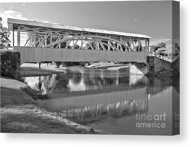 Halls Mill Covered Bridge Canvas Print featuring the photograph Reflections Of The Halls Mill Covered Bridge Black And White by Adam Jewell