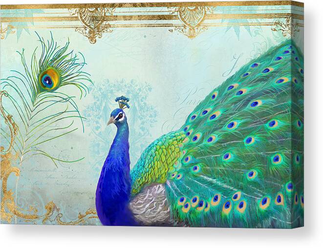 Peacock Canvas Print featuring the painting Regal Peacock 2 w Feather n Gold Leaf French Style by Audrey Jeanne Roberts