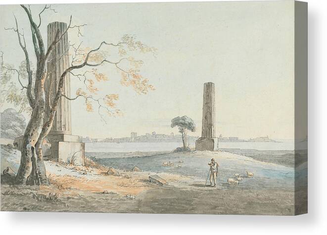 Irish Art Canvas Print featuring the painting Remains of the Temple of Olypian Jove with a View of Ortygia, Syracuse by Henry Tresham