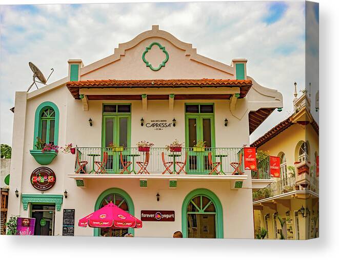 House Canvas Print featuring the photograph Renovated old colonial house in Casco Viejo in Panama City by Marek Poplawski