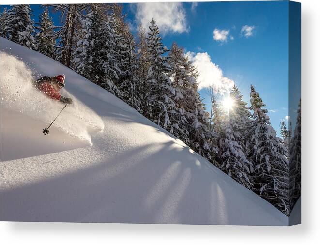 Action Canvas Print featuring the photograph Riding Pow With Adrien Coirier by Tristan Shu
