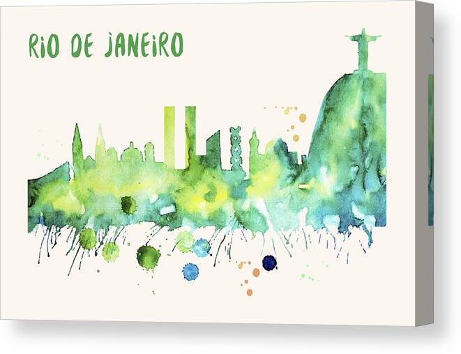 Rio De Janeiro Canvas Print featuring the painting Rio de Janeiro Skyline Watercolor Poster - Cityscape Painting Artwork by Beautify My Walls