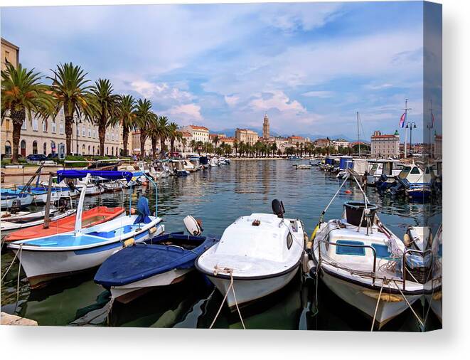 House Canvas Print featuring the photograph Riva waterfront, houses and Cathedral of Saint Domnius, Dujam, Duje, bell tower Old town, Split, Croatia by Elenarts - Elena Duvernay photo