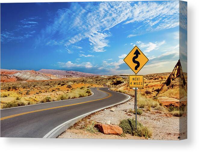 Vegas Canvas Print featuring the photograph Road Sign for Curves in Desert by Darryl Brooks