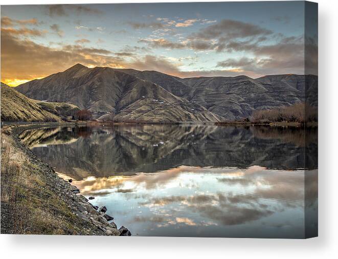 Lewiston Idaho Clarkston Washington Id Wa Lewis Clark Lc Valley Landscape River Clearwater Chief Timothy State Park Reflection Sunset Canvas Print featuring the photograph Road to Chief Timothy by Brad Stinson