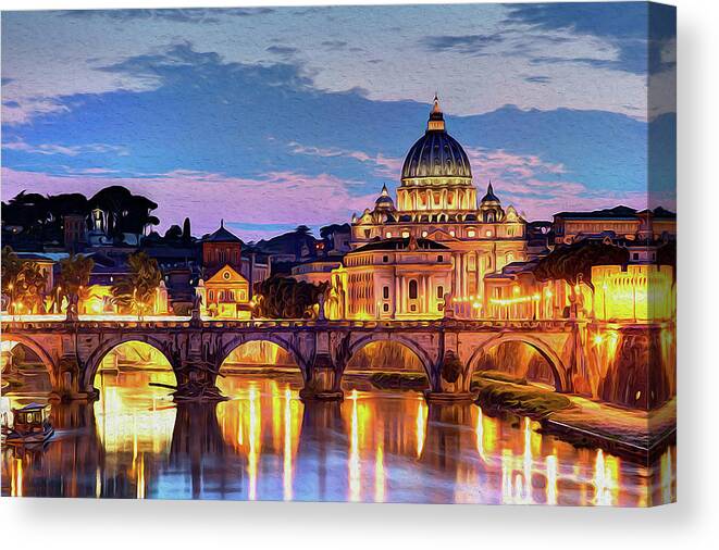 Rome Cityscape Canvas Print featuring the painting Rome and the Vatican City at night by AM FineArtPrints